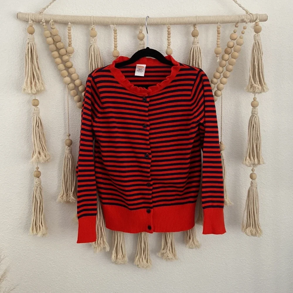 Gymboree girls striped sweater orange red and navy blue ruffle neck size M 7/8